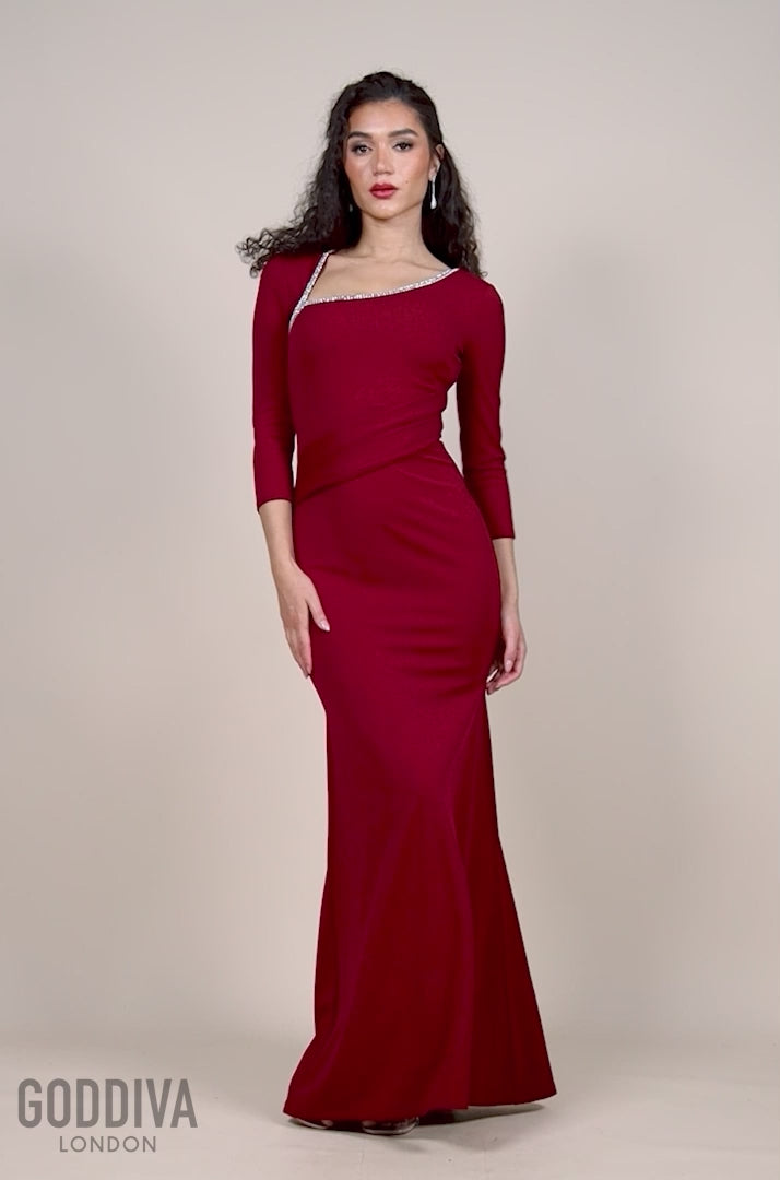 Asymmetric Neck Diamante Embellished Maxi Dress - Wine DR4421