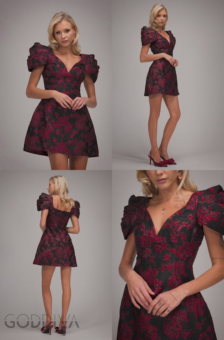 Plunging Neck Pleated Sleeve Jacquard Mini Dress - Black DR4772