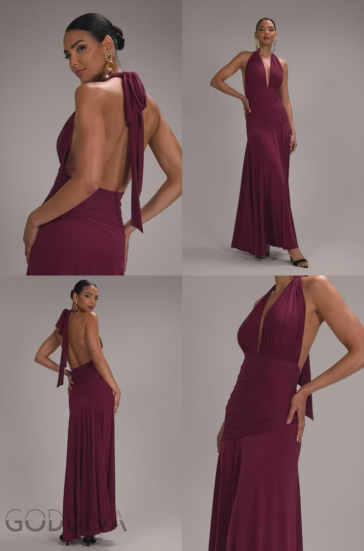 Halter Neck Empire Waist Gathered Maxi Dress - Burgundy DR5259