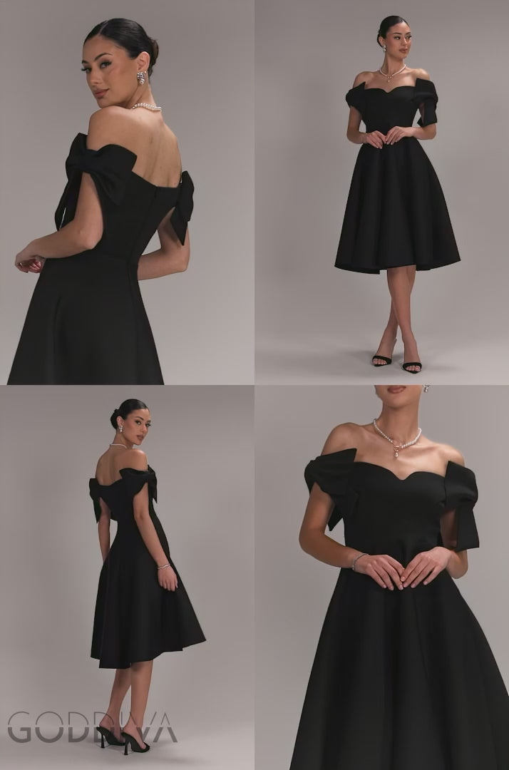 Bardot Plunge Neck Bow Sleeve A Line Midi Dress - Black DR5124