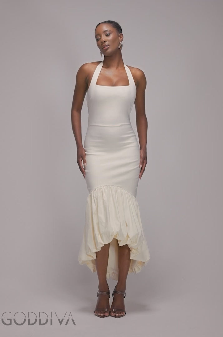 Halter Neck Puff Hem Mermaid Midaxi Dress - Cream DR4747