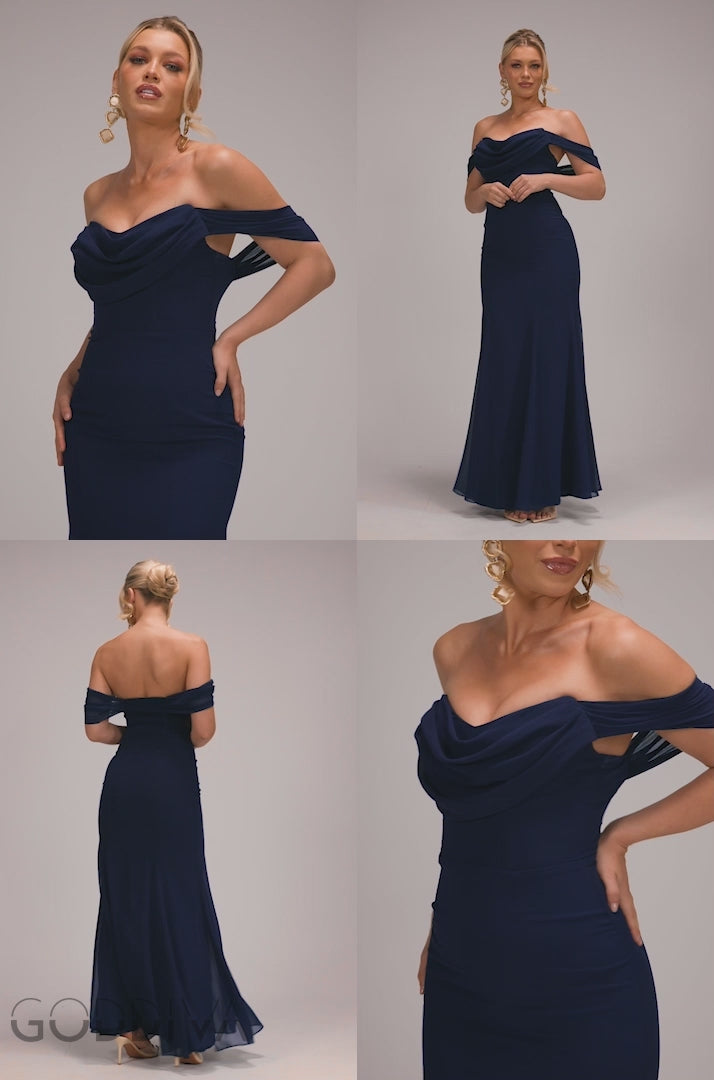 Chiffon Bardot Cowl Neck Maxi Dress - Navy DR2781A