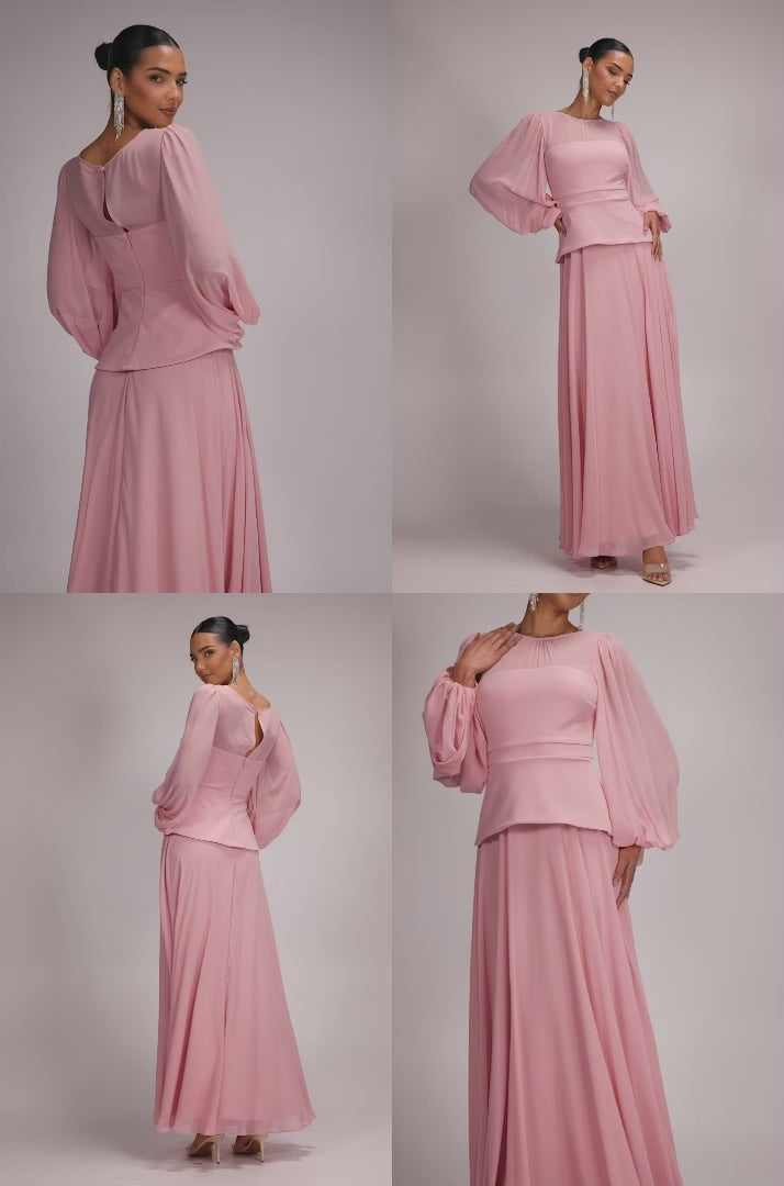 Bishop Sleeve Peplum Top Scuba Crepe And Chiffon Maxi Dress - Blush Pink DR4916