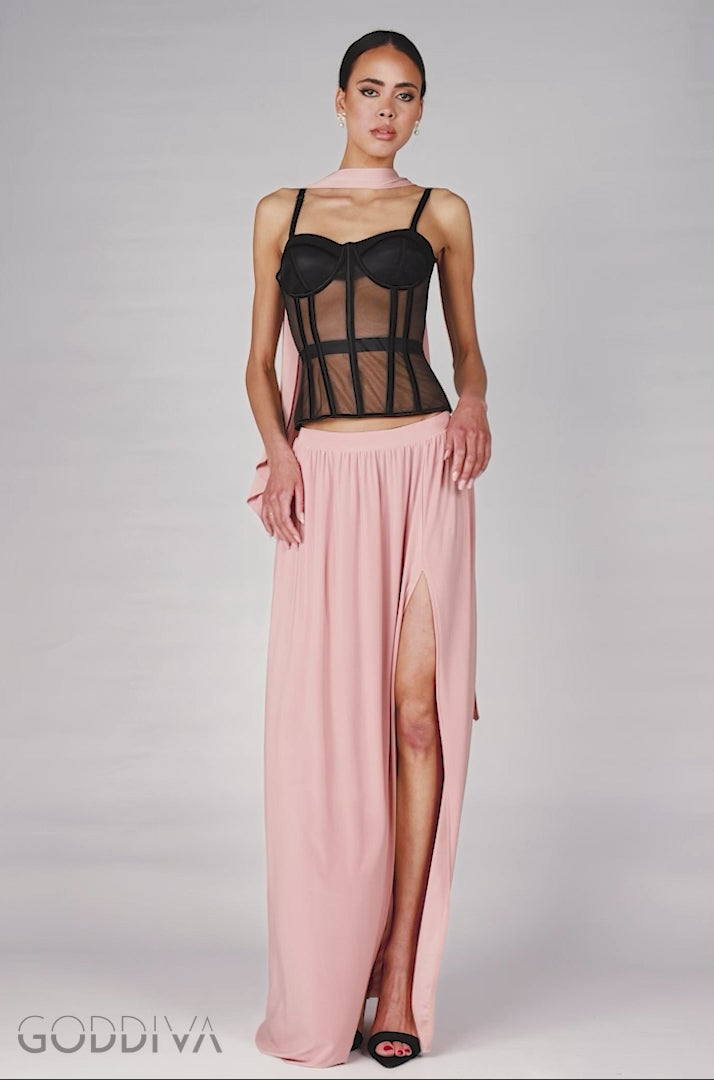Sheer Panel Mesh Corset & Side Split Jersey Maxi Skirt & Scarf Black & Blush Pink LOOK07