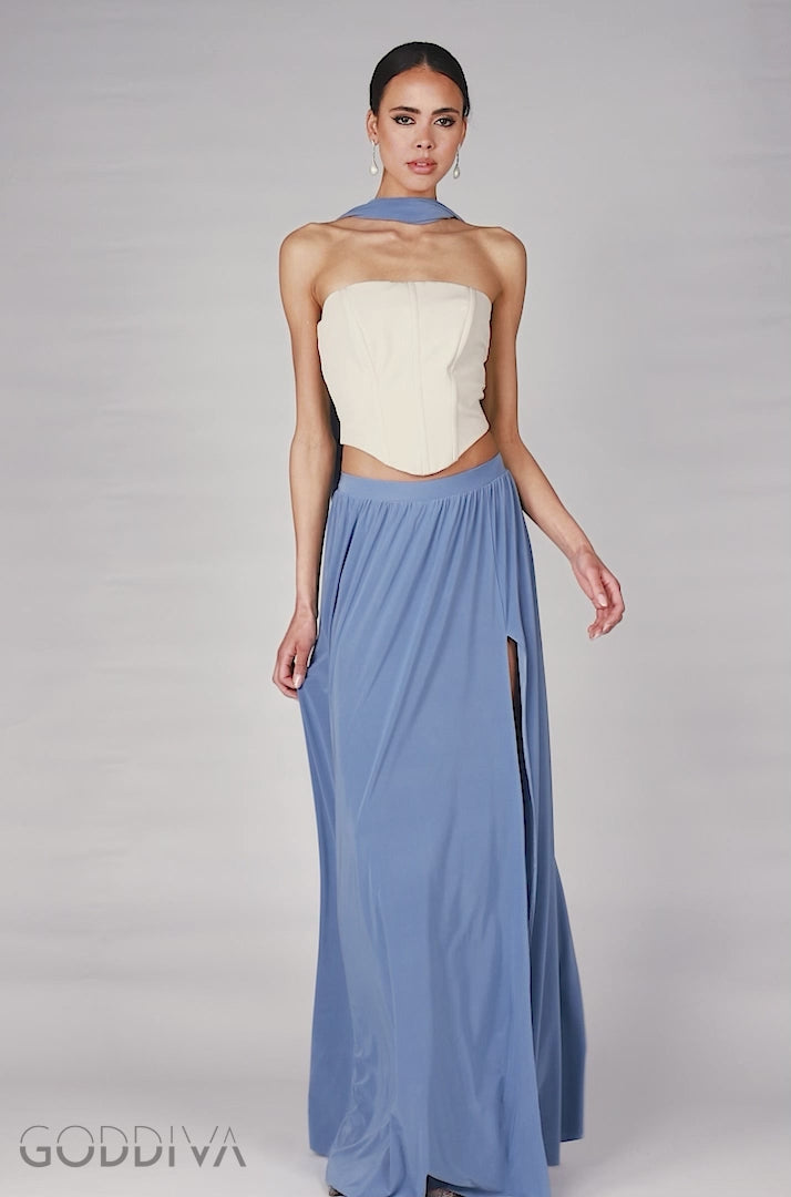Compact Crepe Lace Up Corset With Side Split Jersey Maxi Skirt & Scarf - Beige & Blue LOOK09