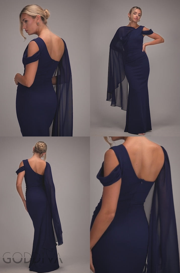One Shoulder Chiffon Cape Crepe Maxi Dress - Navy Blue DR4982