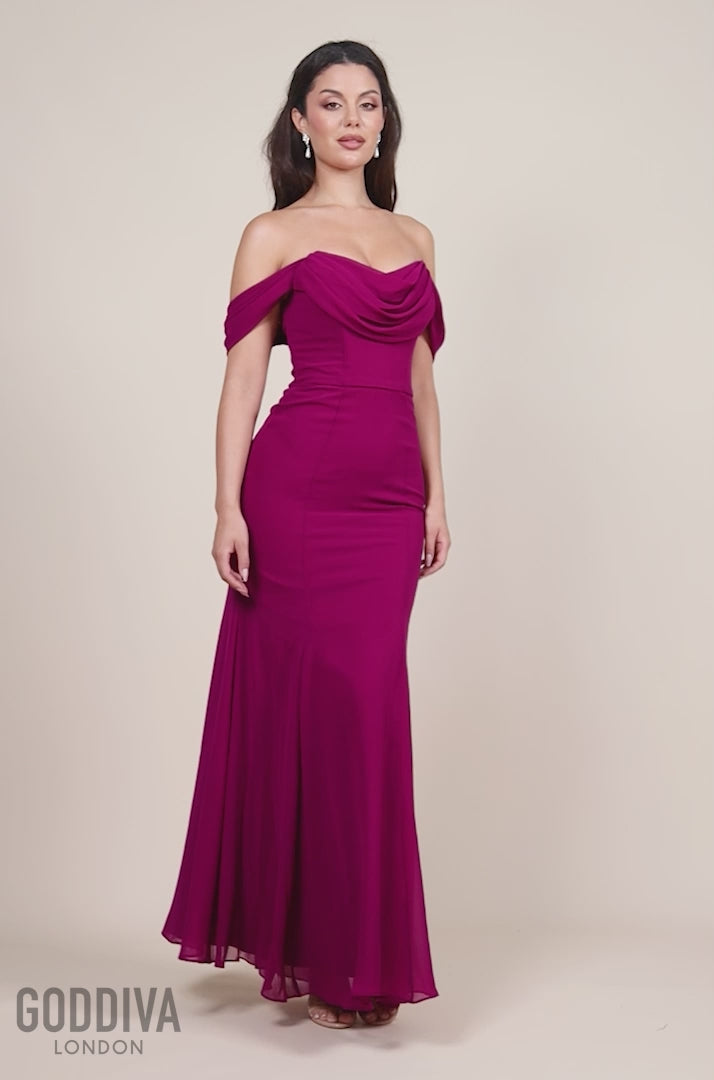 Chiffon Bardot Cowl Neck Maxi Dress - Magenta DR2781A