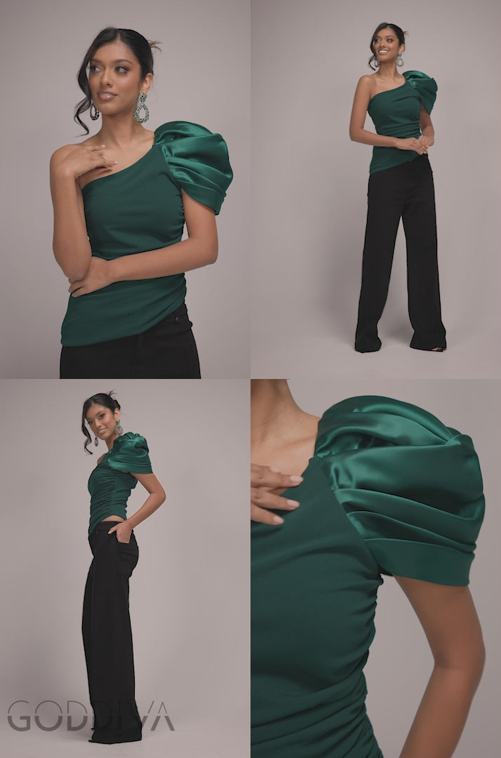 One Shoulder Puffed Satin Sleeve Asymmetric Scuba Top - Emerald Green T239