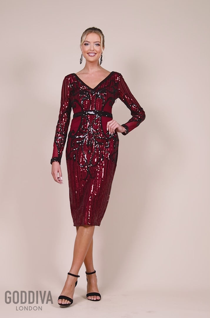 Sequin & Mesh Embroidered Midi Dress - Wine DR3234