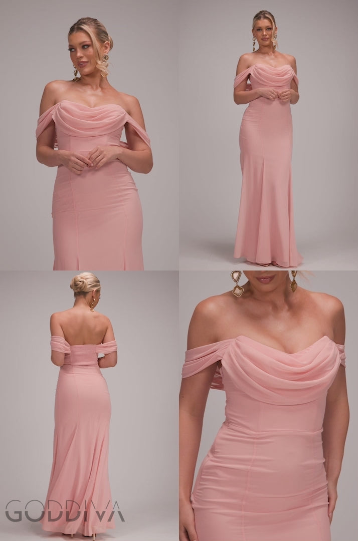 Chiffon Bardot Cowl Neck Maxi Dress - Blush Pink DR2781A