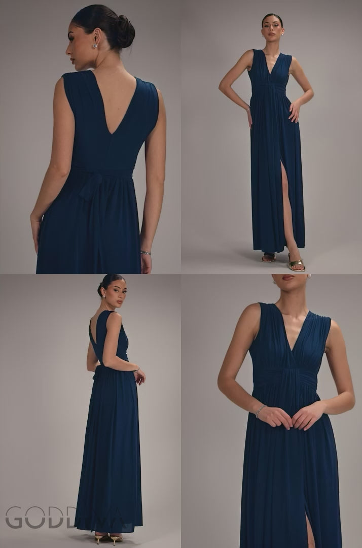 Gathered Shoulder Wrap Neck Draped Waist Maxi Dress - Navy Blue DR5005