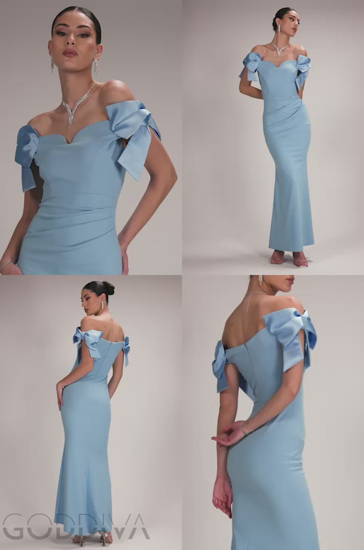 Satin Bow Bardot Sheath Maxi Dress - Ice Blue DR4999