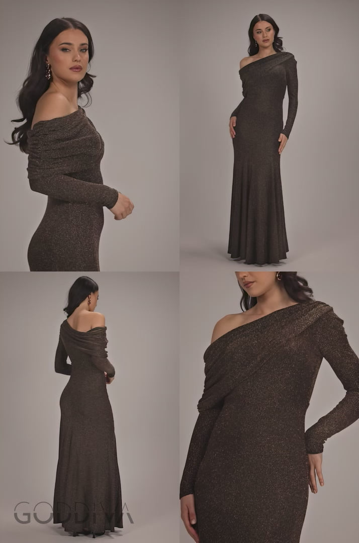 Off Shoulder Gathered Bardot Asymmetric Lurex  Maxi Dress - Gold DR5288