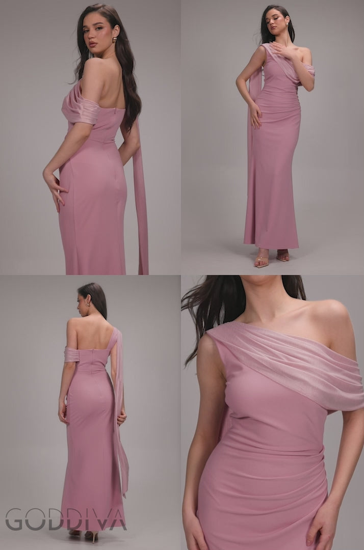 Lurex Pleated Bardot One Shoulder Cape Maxi Dress - Blush Pink DR4984QZ