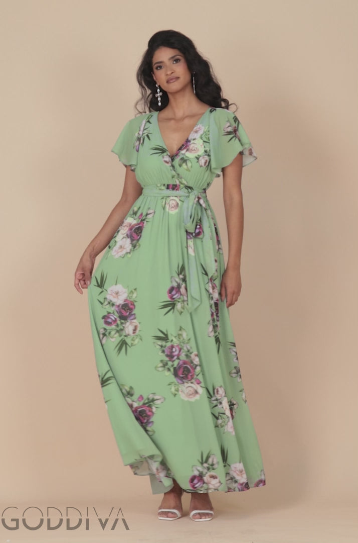 Sustainable Printed Flutter Sleeve Maxi Dress - Duck Egg DR1582BBS
