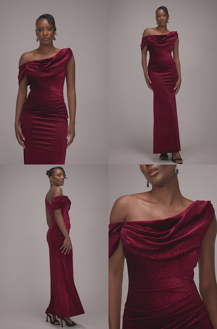 Glitter Velvet Cowl Neck Off The Shoulder Maxi Dress - Wine DR4696