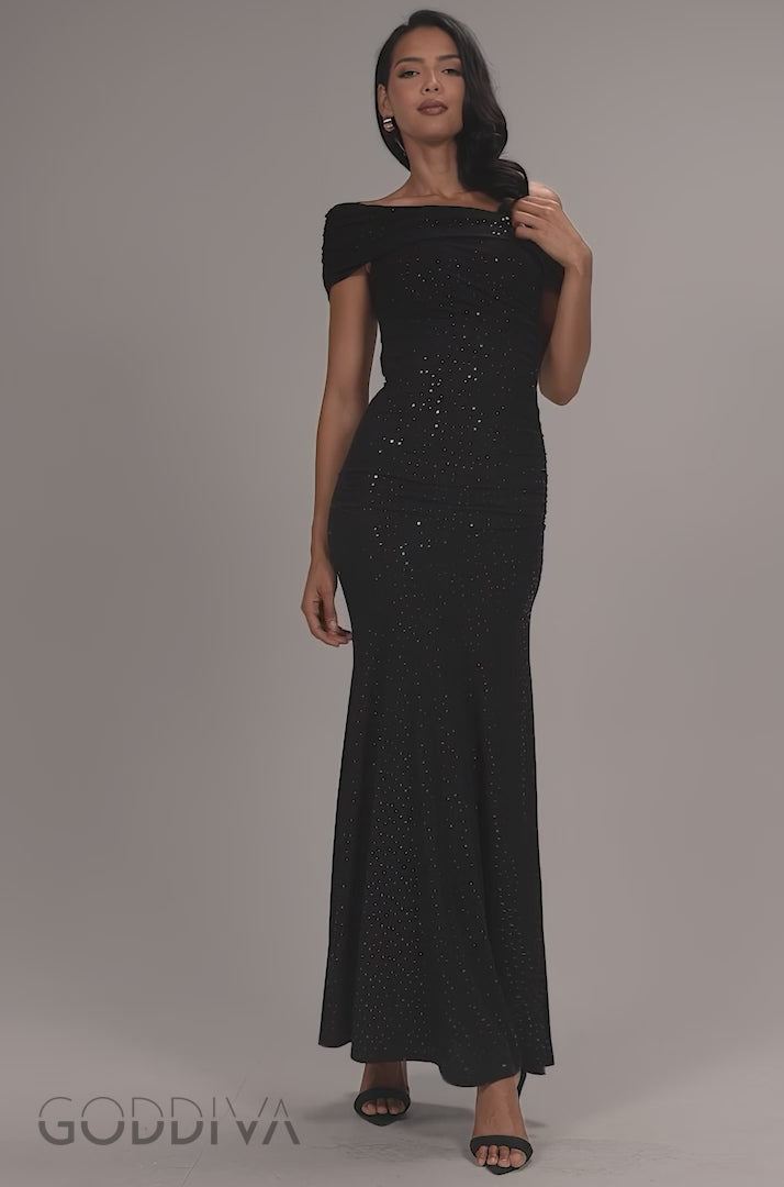 One Shoulder Fit And Flare Sequin Maxi Dress - Black Copper DR5324