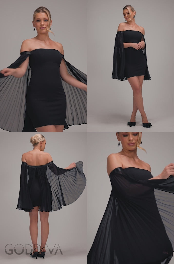Boob Tube Mini Dress With Pleated Chiffon Cape - Black DR4789