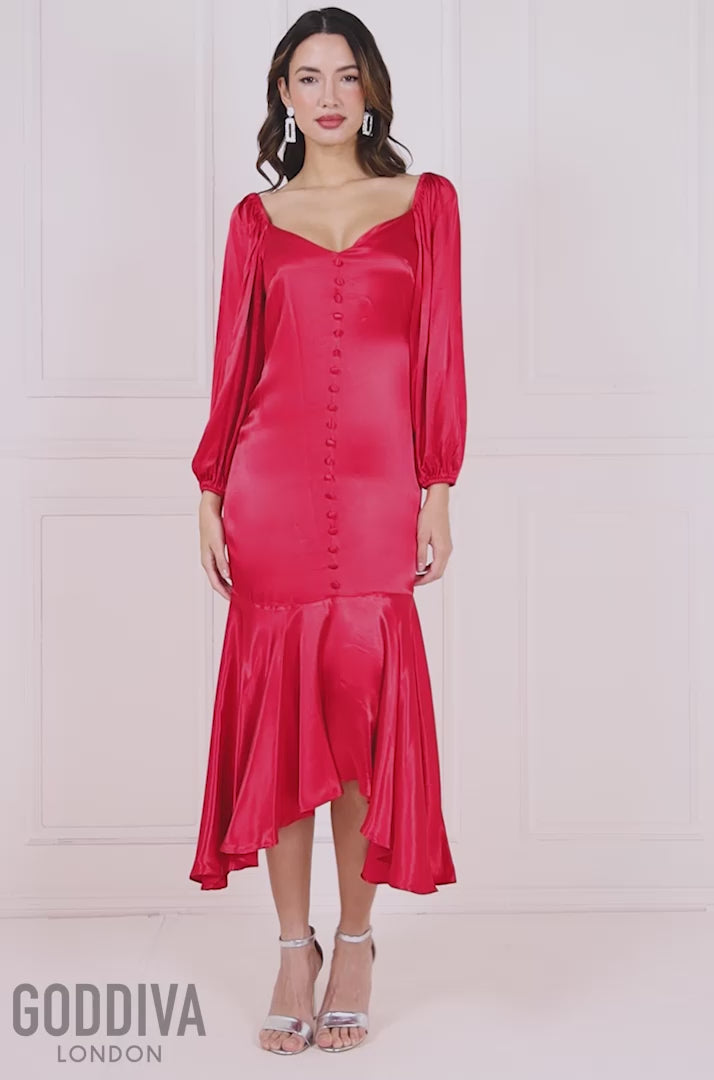 Satin Viscose Front Buttoned Dipped Hem Midi - Red DR3899