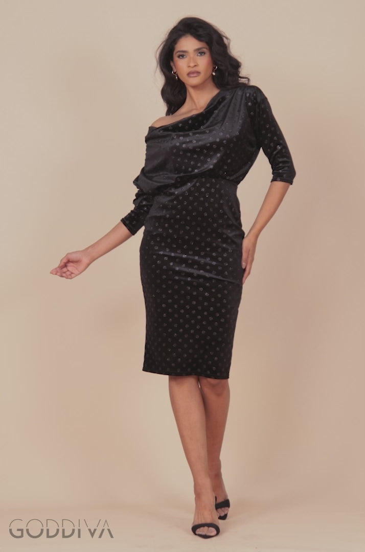 Glitter Velvet Cowl Neck Sheath Midi Dress - Black DR4691