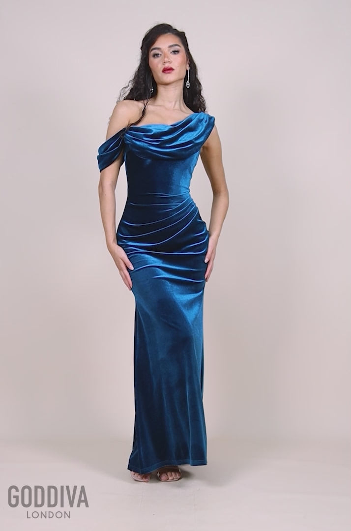 Cowl One Shoulder Velvet Maxi Dress - Teal DR4504