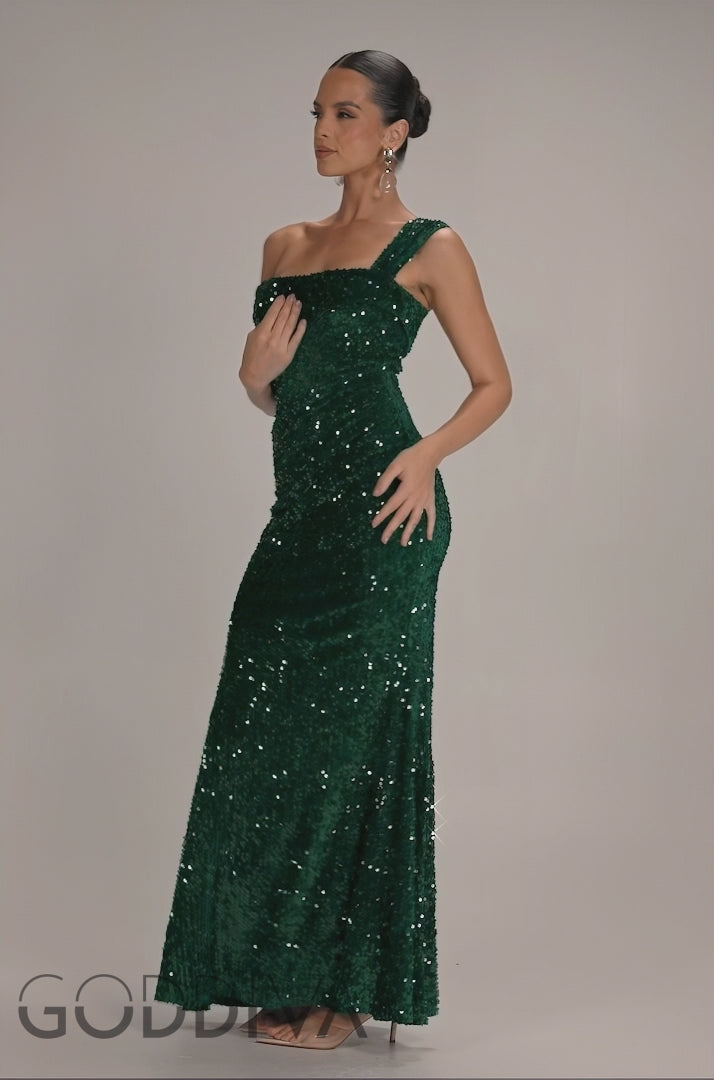 Asymmetric Off Shoulder Pleated Waist Maxi Dress - Emerald Green DR5171