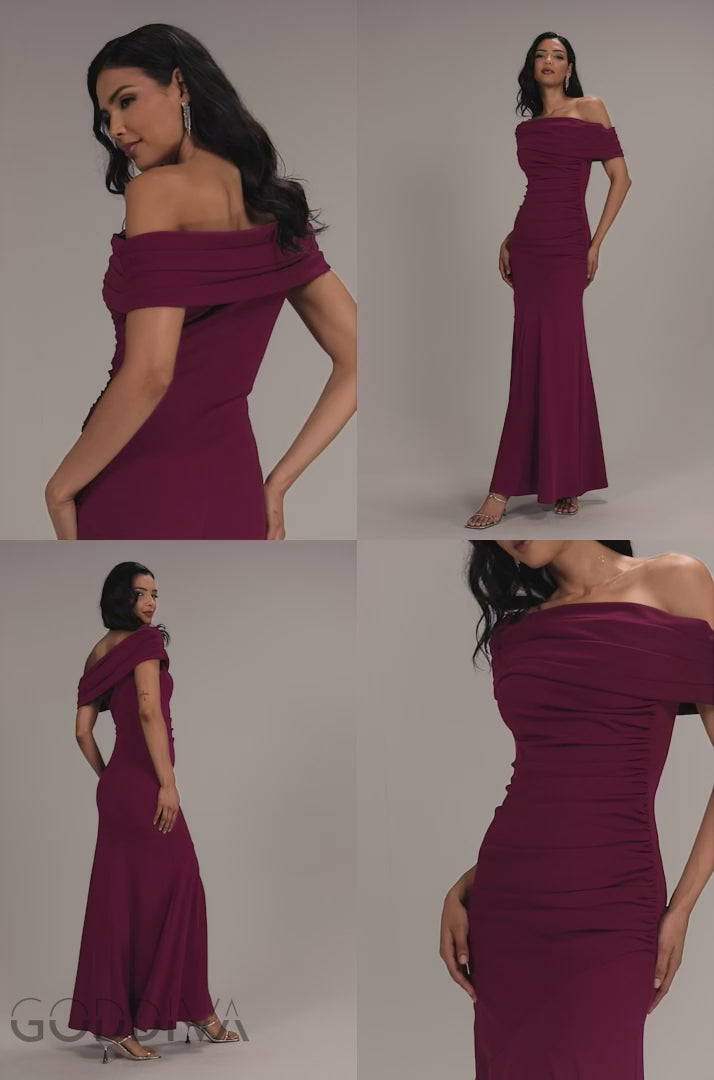 Pleated One Shoulder Bardot Fit And Flare Maxi Dress - Plum DR4909