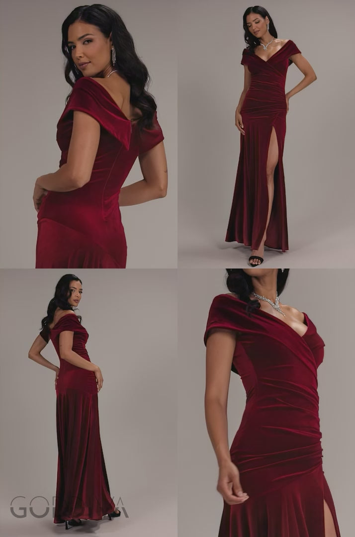 Velvet Off Shoulder High Split Maxi Dress - Wine DR5187