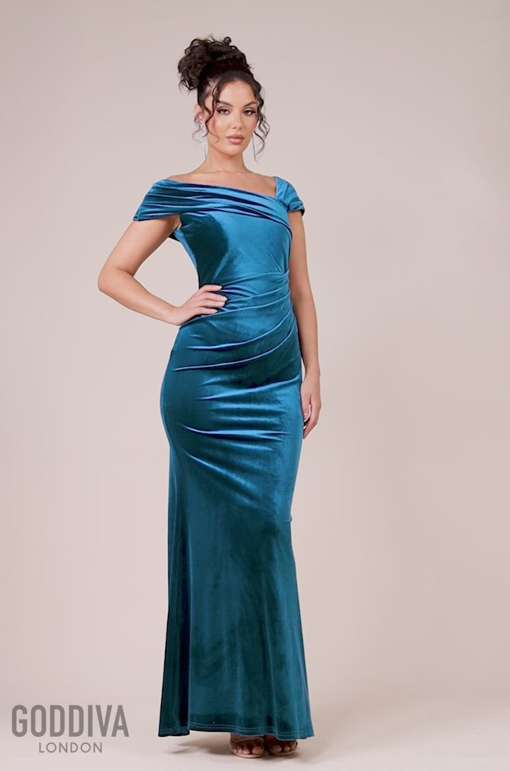 One Shoulder Velvet Maxi Dress - Teal DR4578