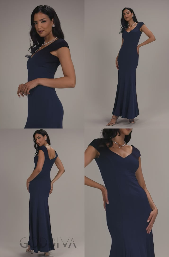 Capped Sleeve V Neck Pleated Fit & Flare Maxi Dress - Navy Blue DR5117