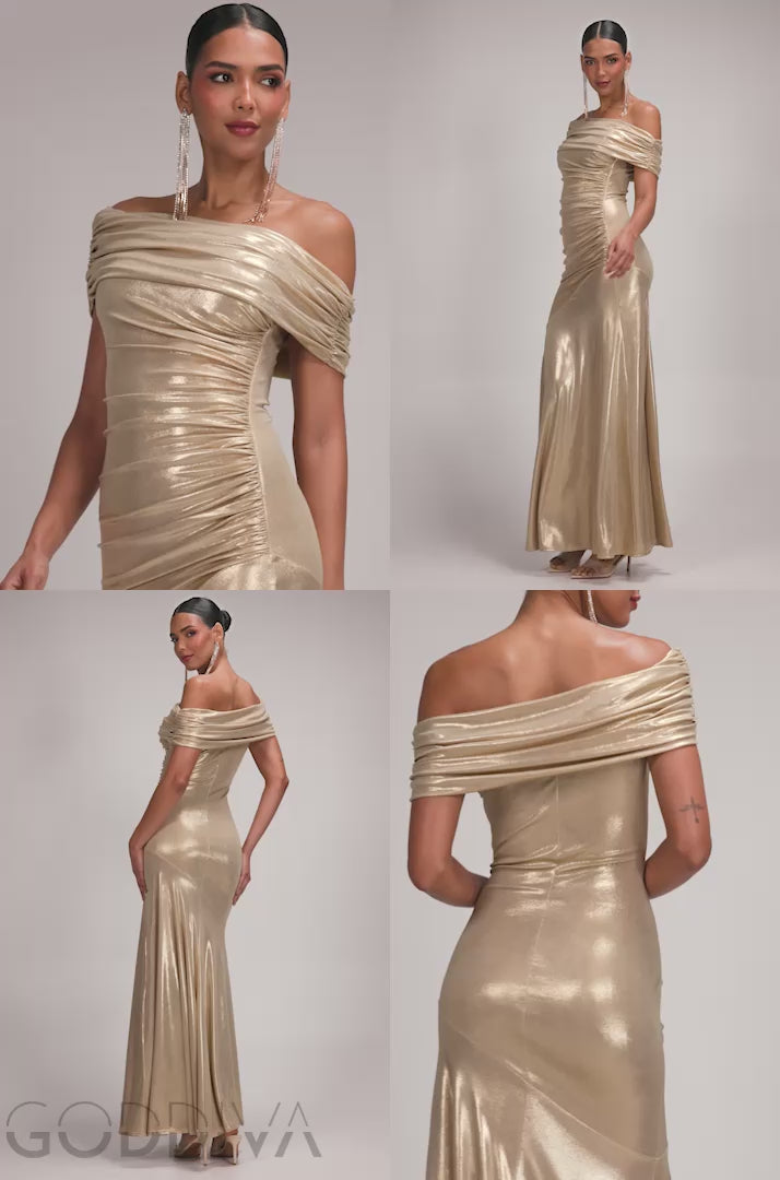 Foil Pleated One Shoulder Bardot Fit And Flare Maxi Dress - Gold DR5157