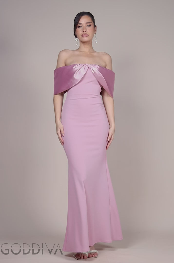 Twist Knot Satin & Scuba Bardot Maxi Dress - Blush Pink DR4575