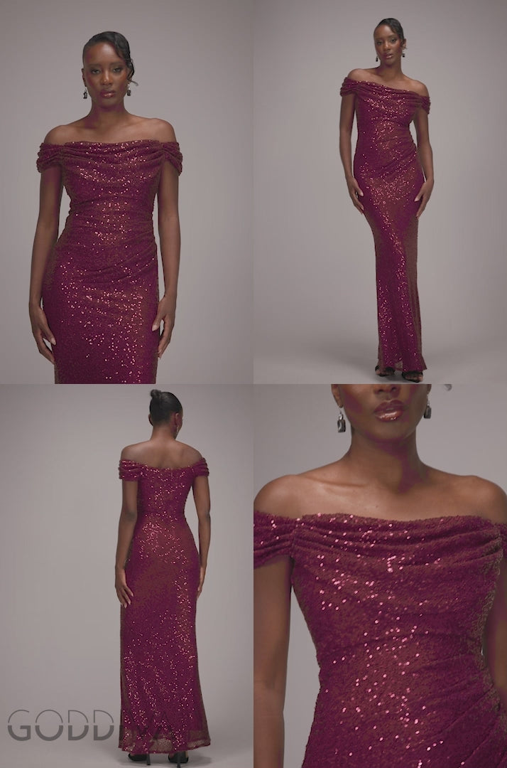 Cap Sleeve Iridescent Sequin Cowl Maxi Dress - Burgundy Red DR4633