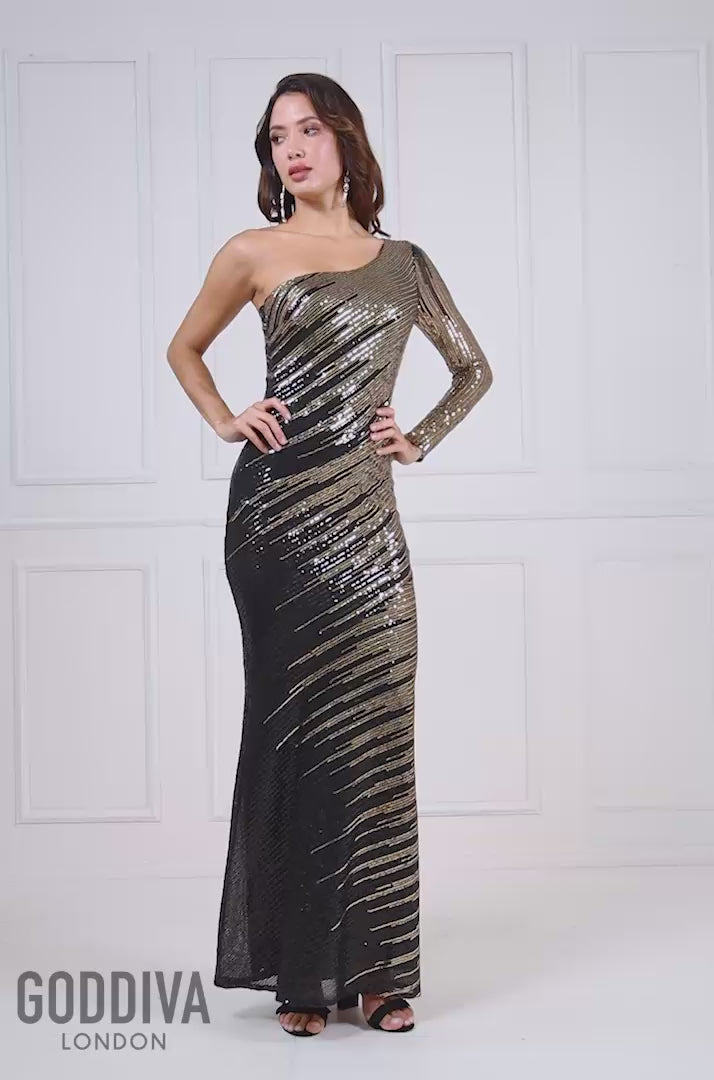 One Sleeve Diagonal Sequin Maxi - Gold DR4008