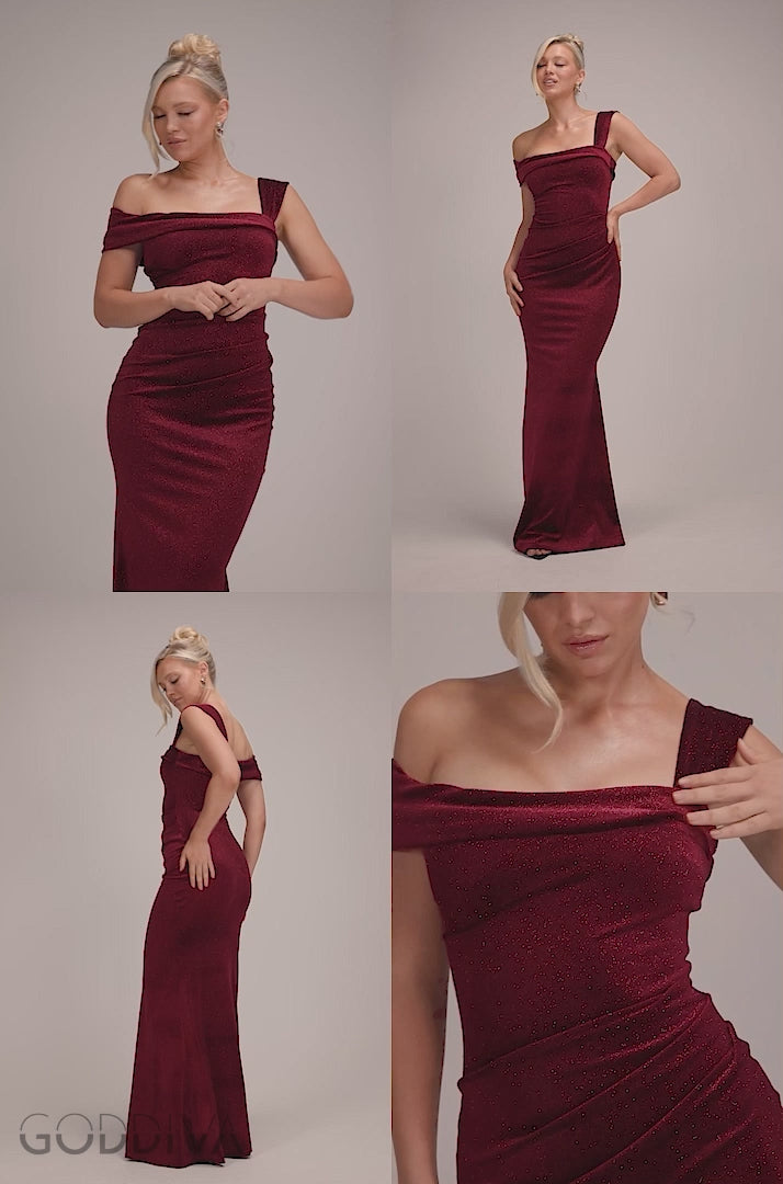 Glitter Polka Dot Velvet One Shoulder Maxi Dress - Wine DR4646