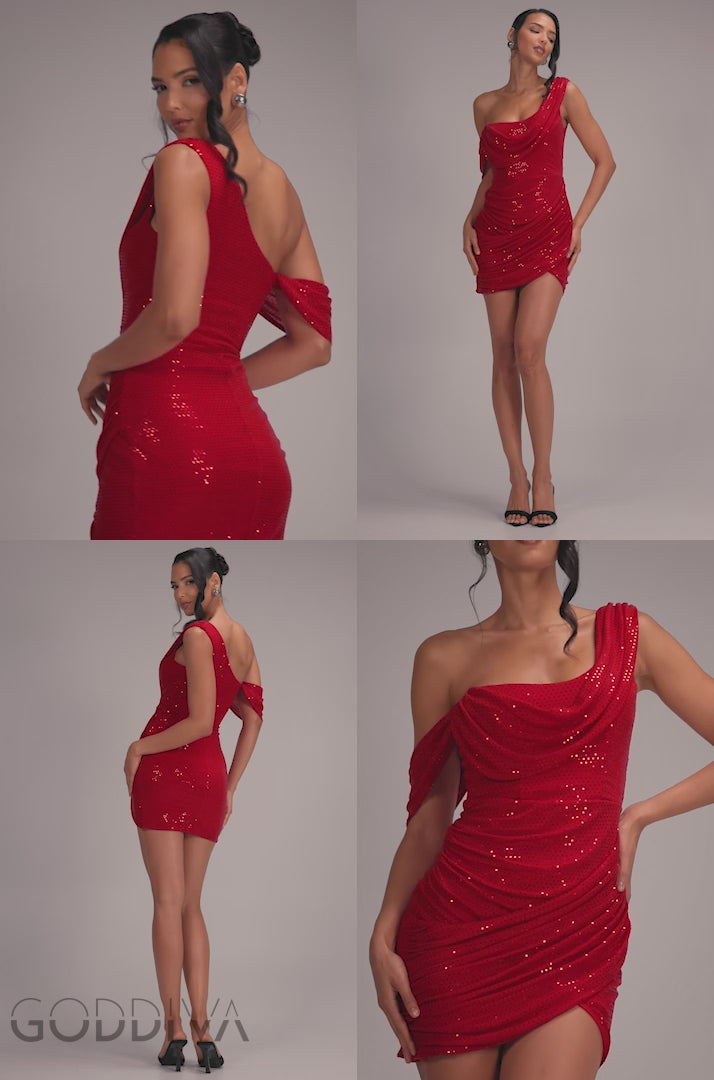 Cowl Neck Glitter Lurex Mini Dress - Red DR4741