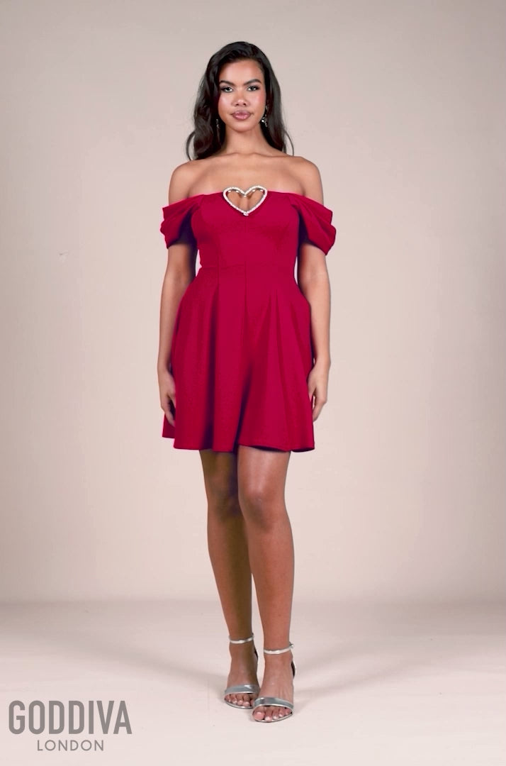 Diamante Heart Trim A-Line Mini Dress - Red DR4700