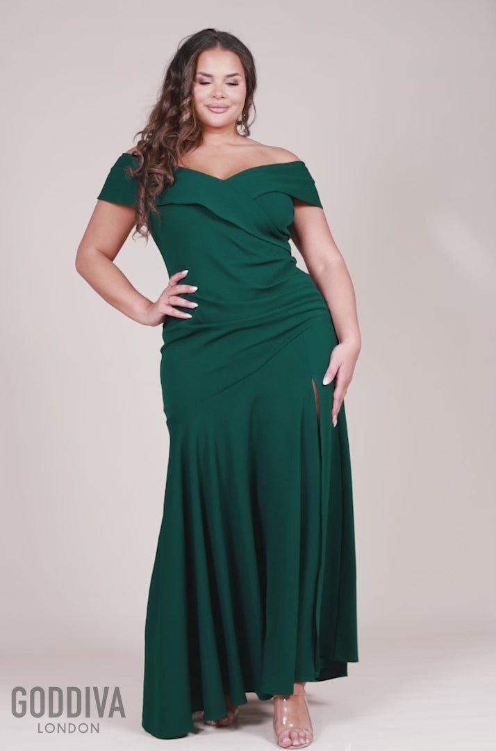 Scuba Crepe Off Shoulder Front Split Maxi Dress - Emerald DR2930PLUS