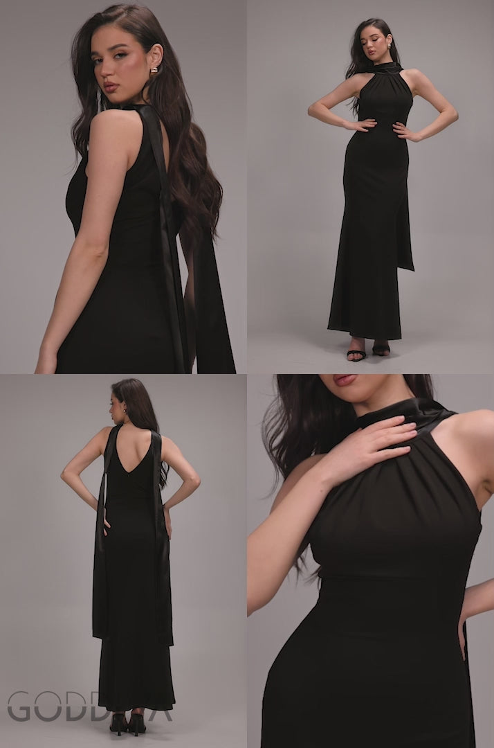 Satin Multi-Tie Halterneck Maxi Dress - Black DR4973QZ