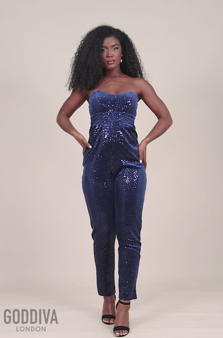 Sequin & Velvet Corset Jumpsuit - Navy TR365