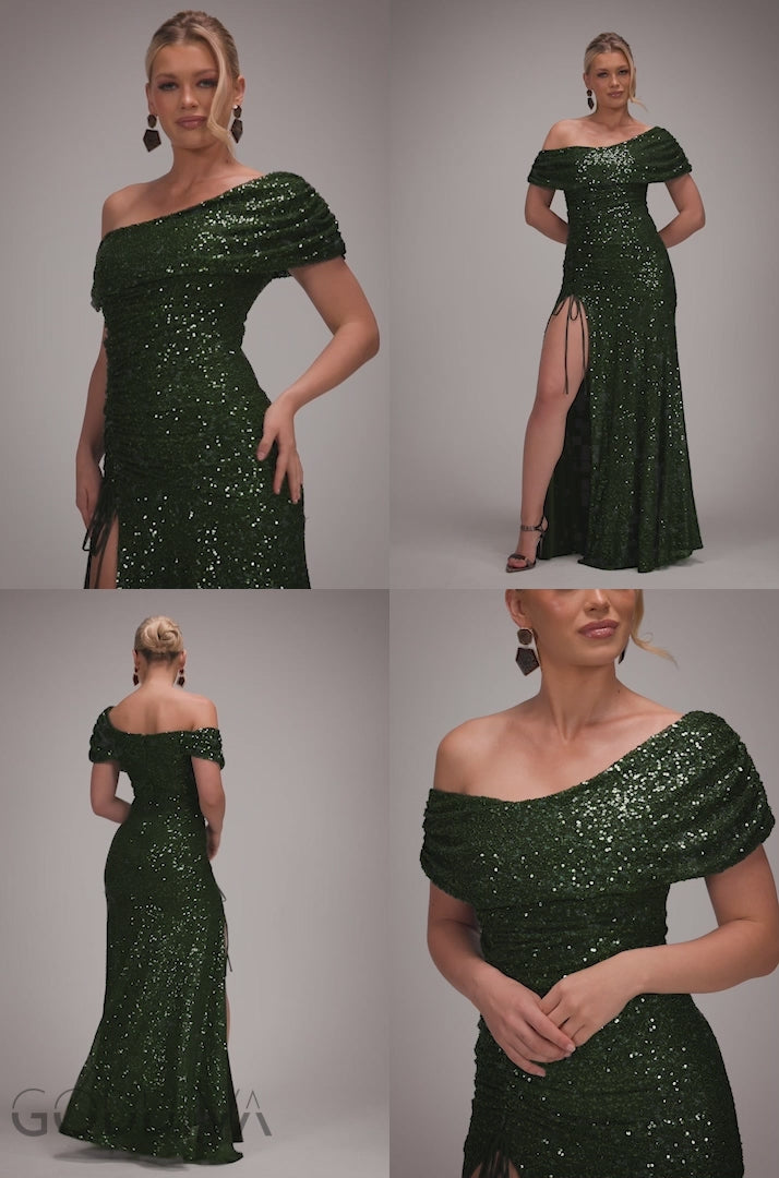 Off The Shoulder Sequin Cowl Drawstring Maxi Dress - Olive Green DR4824