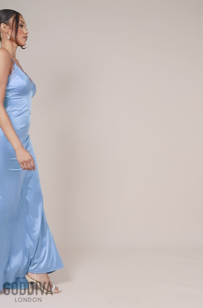 Lace Neck Satin Twill Maxi Dress - Cornflower Blue DR4195