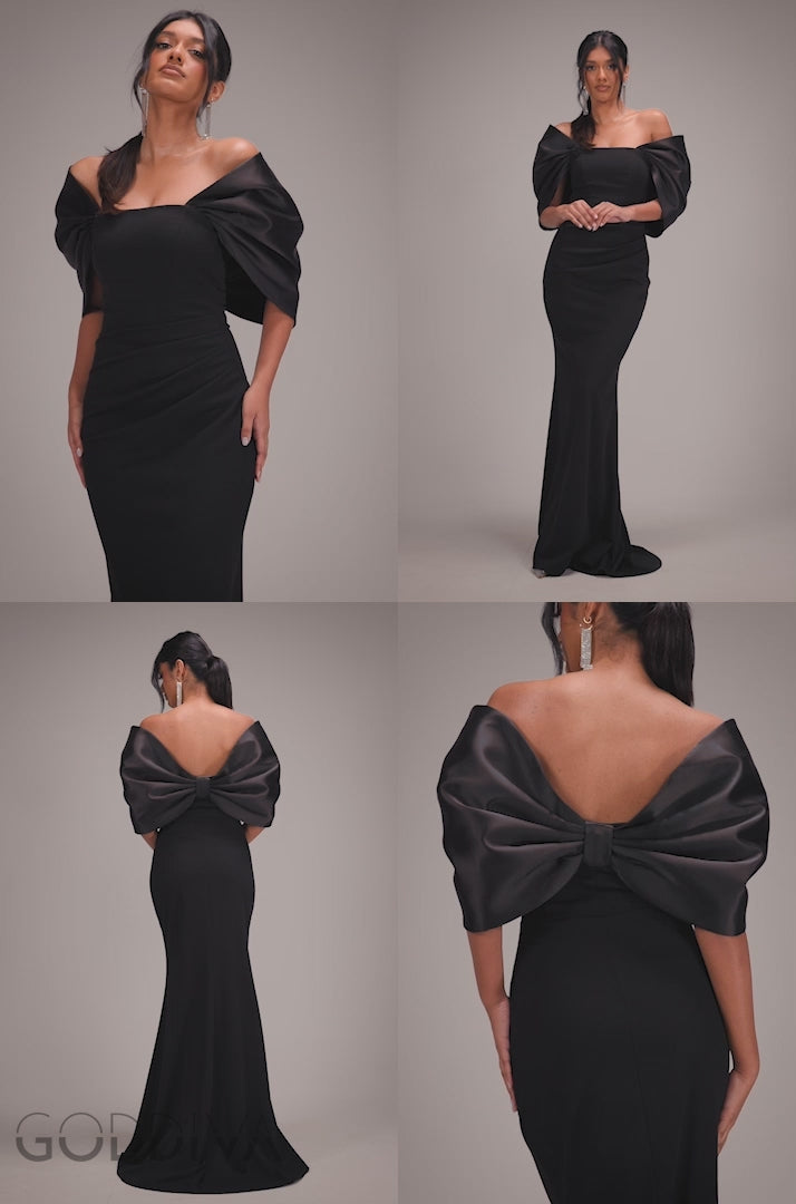 Off Shoulder Back Satin Bow Scuba Maxi Dress - Black DR4708