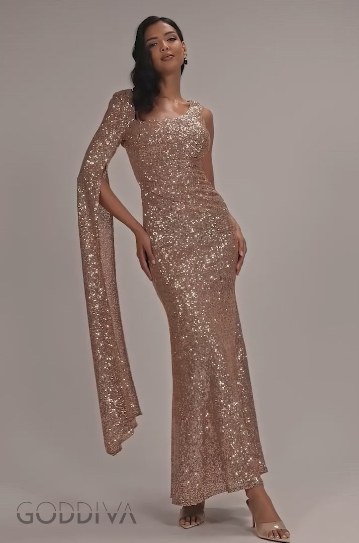 One Side Cape Sleeve Waist Pleated Sequin Maxi Dress - Champagne DR5068