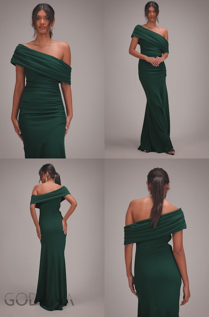 Pleated One Shoulder Bardot Fit And Flare Maxi Dress - Emerald Green DR4909