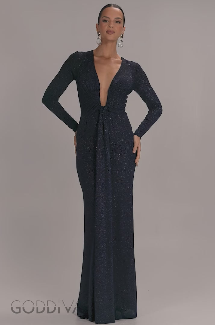 Plunge Neck Long Sleeve Front Draped Lurex Maxi Dress - Navy Blue DR5231