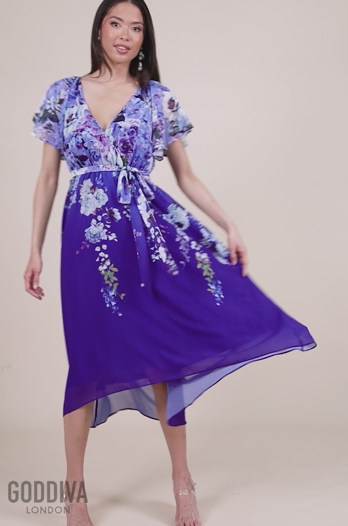 Flutter Sleeve A-Line Chiffon Floral Printed Midi Dress - Royal Blue DR4481