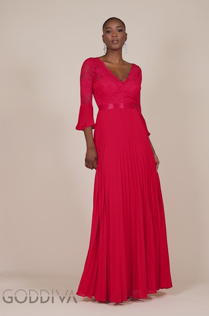 Scalloped Lace Bodice Pleated Chiffon A Line Maxi Dress - Red DR4390