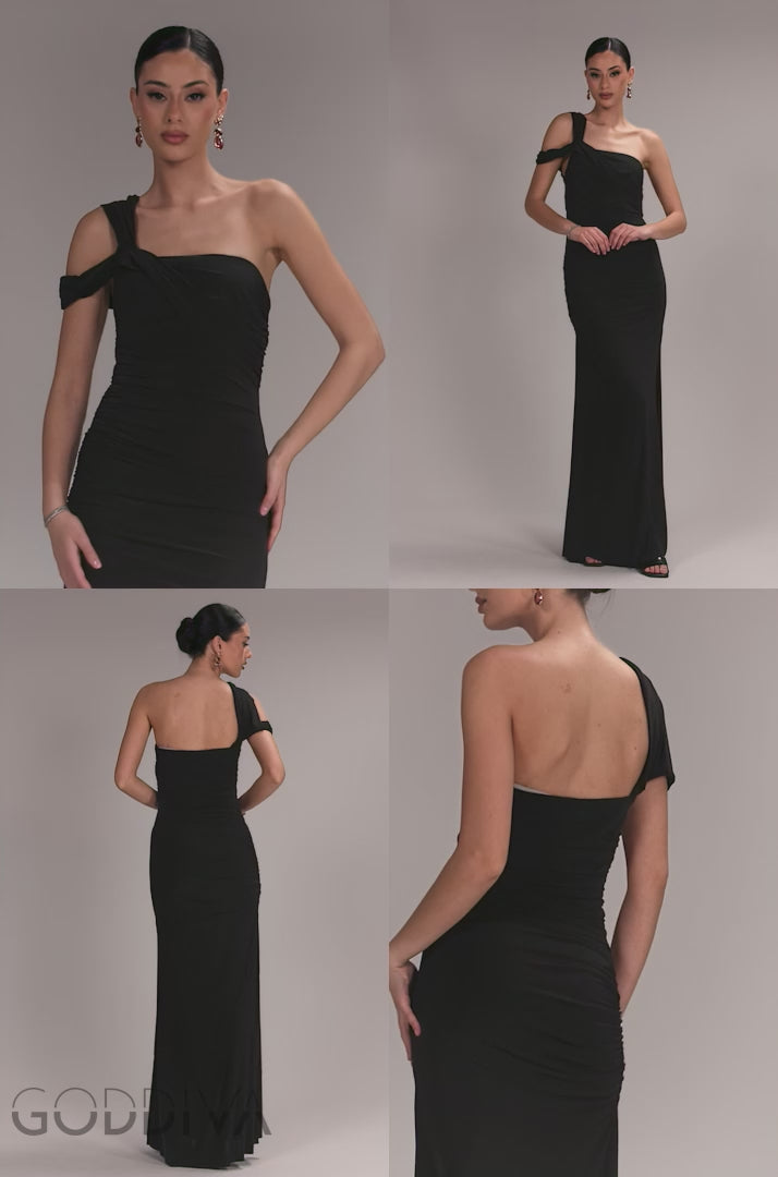 One Shoulder Asymmetric Twist Maxi Dress - Black