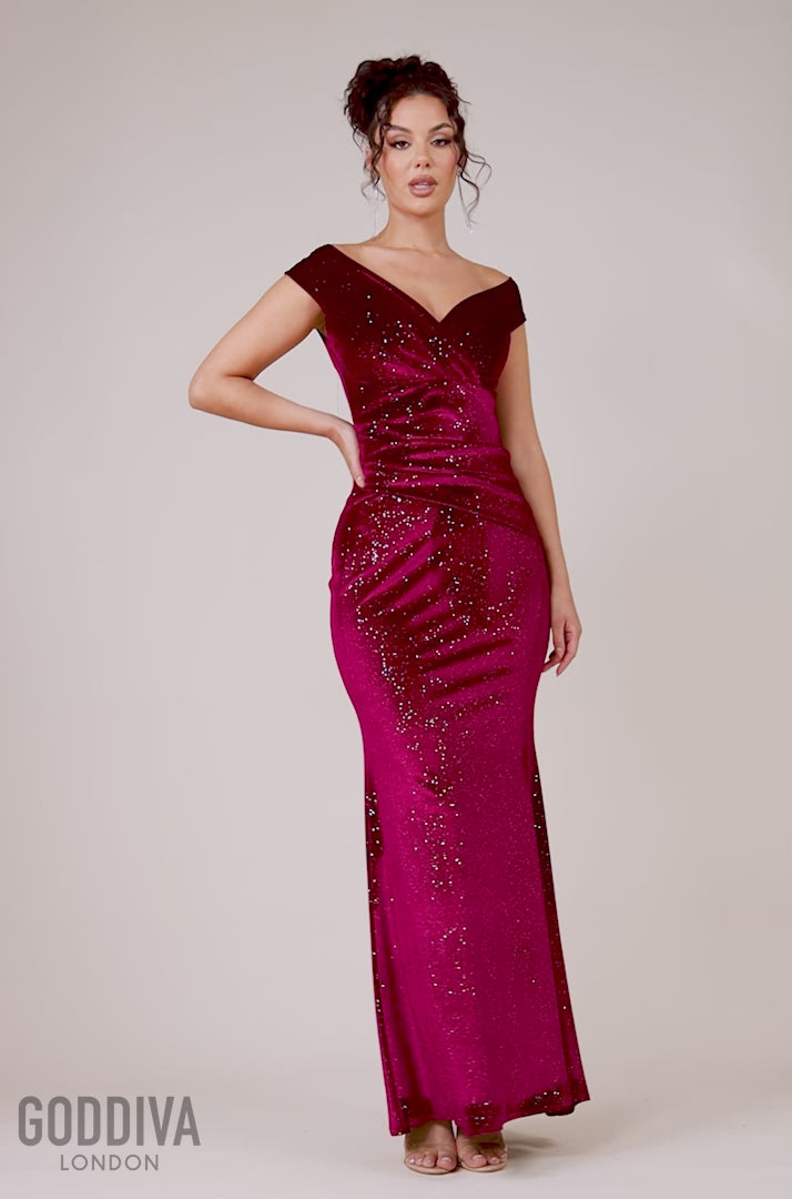 Shimmer Velvet Bardot Maxi Dress - Wine DR4643